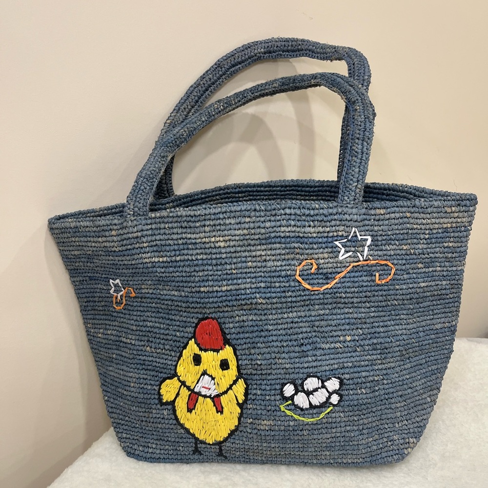 Large Raffia Tote Bag with Chicken Embroidery